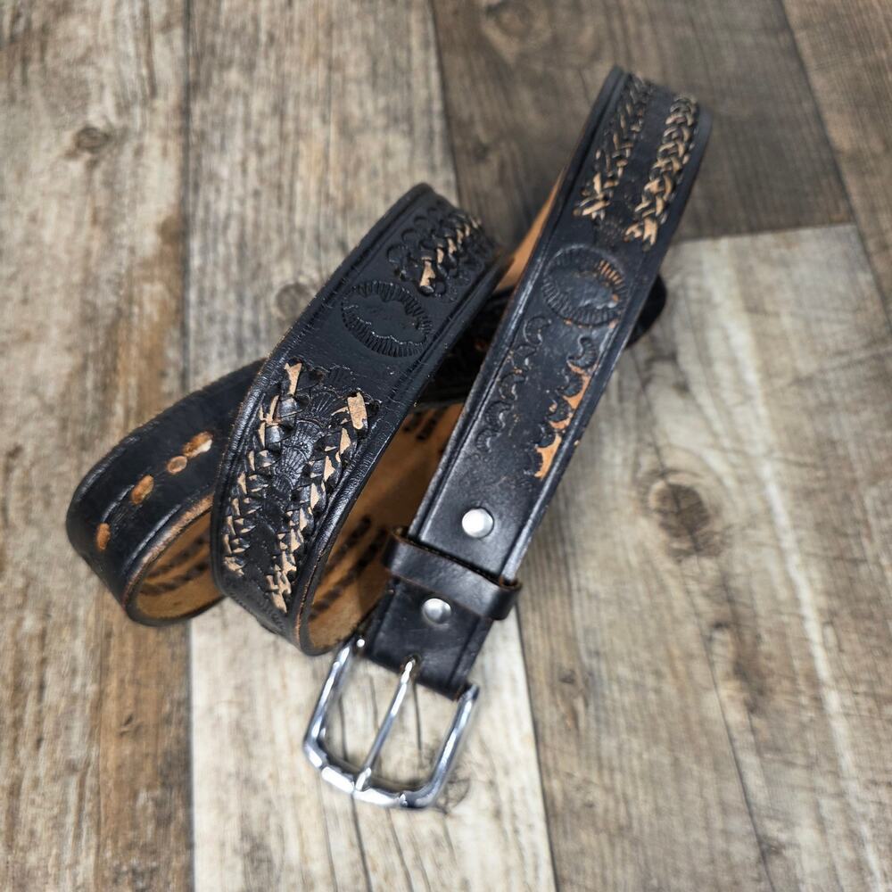Cindilo Mexico Black Tooled Leather Western Belt Braided Cowboy 42 Distressed
